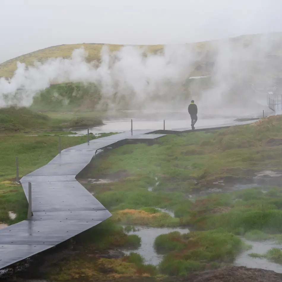 Walk through one of Iceland's most active geothermal regions, where bubbling hot springs, steaming vents, and colorful mineral deposits showcase the Earth's incredible natural forces.